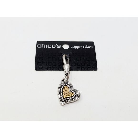 Chico's Zipper Charm Silver Gold Tone Heart New - Picture 1 of 4